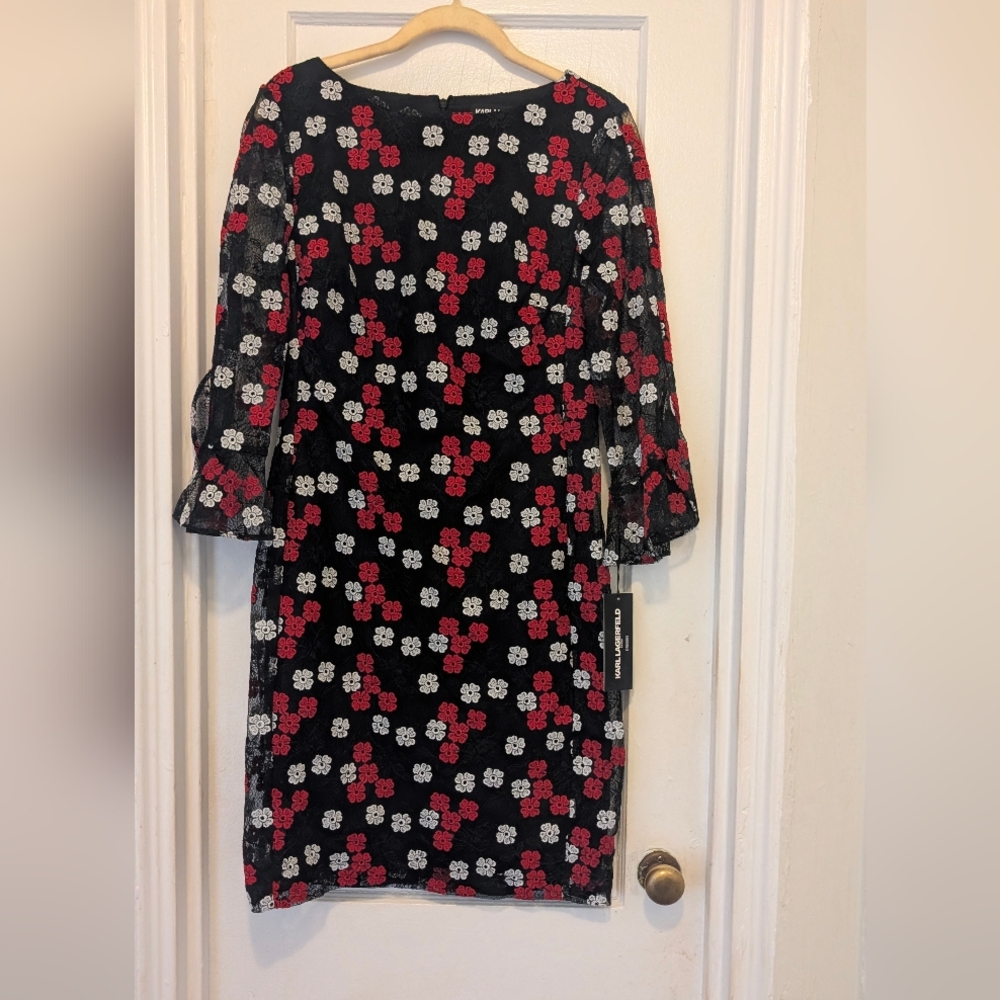 Karl Lagerfeld Black Mesh Dress with Red and White Floral Embroidery